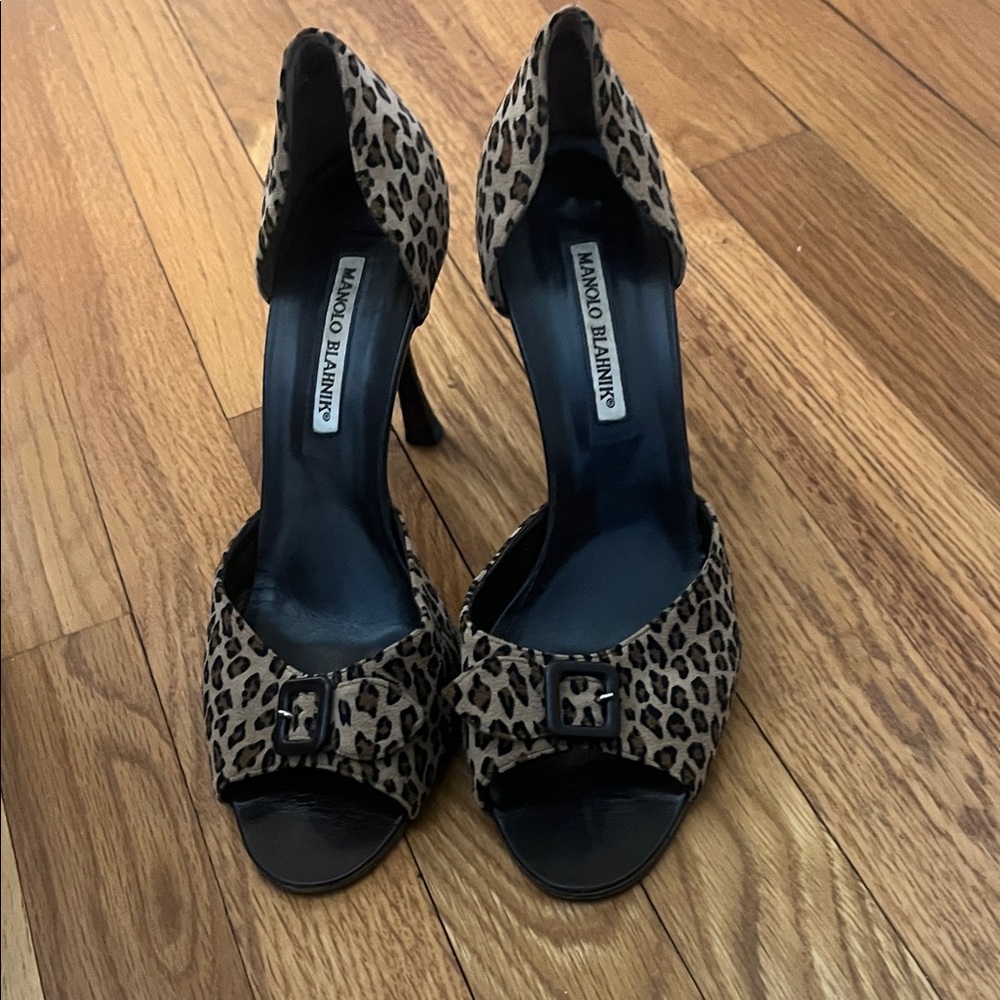 Manolo Blahnik Animal Print Open-Toe Heels
